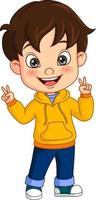 niño pequeño de dibujos animados con chaqueta amarilla y signo de la mano de la paz vector