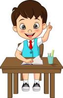 Happy cute little student boy raising his hand vector