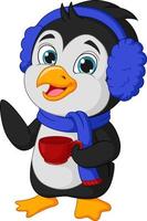 Cute penguin holding red cup vector