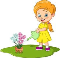 linda niña regando flores vector