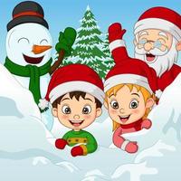 navidad celebrando con niños, muñeco de nieve y santa claus vector