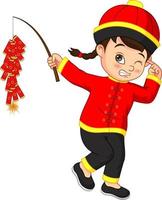 niño chino de dibujos animados sosteniendo un petardo vector