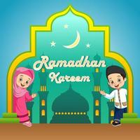 Ramadan kareem greeting card with funny cartoon muslim kids vector