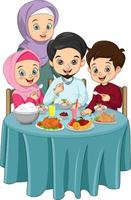 Muslim family having delicious iftar food together vector
