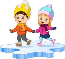 Cute little kid in winter clothes playing ice skating vector