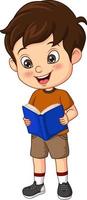 Cartoon boy student stands and reading a book vector