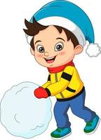 Cute little boy in winter clothes playing snowball vector