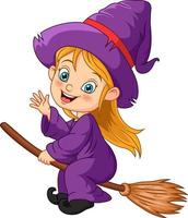 Cartoon Halloween witch girl flying on broom vector