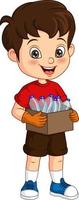 Cute little boy holding box and plastic bottle vector