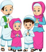 eid mubarak saludo feliz familia musulmana dibujos animados vector
