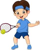 chico divertido de dibujos animados jugando al tenis vector