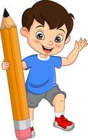 Cute little boy holding big pencil vector