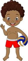 Cartoon african american boy with beach volleyball waving hand vector