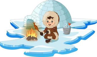 Cartoon Arctic eskimo with bonfire and fish vector
