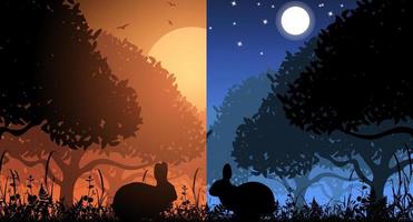 Vector silhouette of rabbits in nature at sunset and night