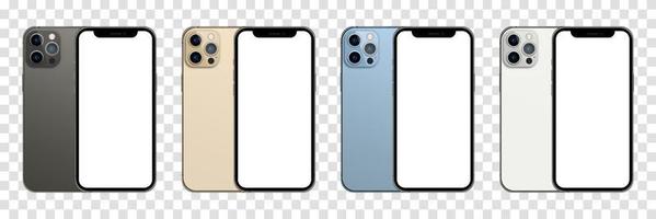 Collection of iphone 13 pro in four colors Graphite, Gold, Sierra Blue, and Silver. Mock up screen iphone and back side phone vector