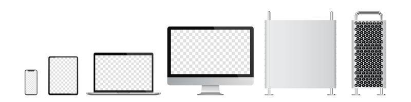 Realistic set of computer, monitor, laptop, tablet, smartphone. Vector illustration