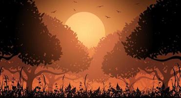 Sunset in the forest, beautiful landscape, big sun, forest silhouette vector