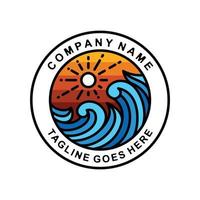 Panorama sea wave and sun with line art style .Label Stamp , Badge ,Emblem ,Logo design vector