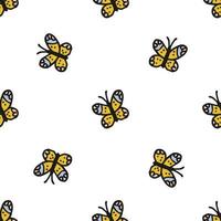 Seamless pattern. Doodle style hand drawn. Nature elements. Vector illustration. Yellow butterflies on a white background.