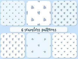 Set of 6 patterns seamless pattern. Doodle style hand drawn. Nature elements. Vector illustration. Blue hearts on a light blue and white background.