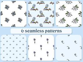 Set of 6 seamless pattern. Doodle style hand drawn. Nature, animals and elements. Vector illustration. Blue butterflies, owls, flowers, cranberries and mountain ash on blue background.