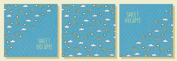Abstract background with night sky. Sweet dreams. Good night. Stars, moon, clouds on a blue background. Postcard, card, banner. Set. vector