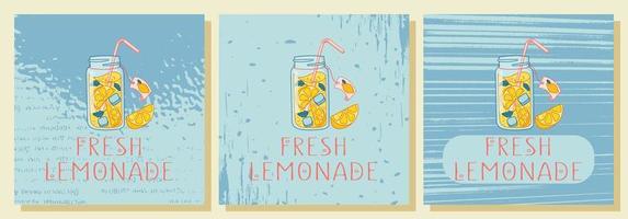 Fresh lemonade with mint and ice cubes. Lemon slices, mint leaves. Vector illustration with textures.