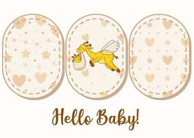 Set of 3 patterns and lettering. A postcard for a newborn. Funny flying giraffe. Hello Baby. Congratulations on the birth of a child. Birth certificate. Hello world.