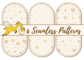 Set of 6 patterns and lettering. A postcard for a newborn. Funny flying giraffe. Hello Baby. Congratulations on the birth of a child. Birth certificate. Hello world. vector