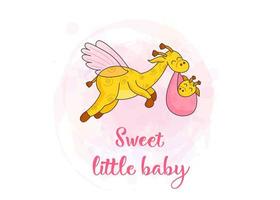 A postcard for a newborn. Funny flying giraffe. Hello Baby. Congratulations on the birth of a child. Birth certificate. Hello world. vector