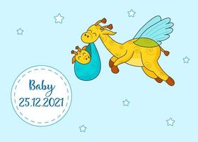 A postcard for a newborn. Funny flying giraffe. Hello Baby. Congratulations on the birth of a child. Birth certificate. Hello world. vector