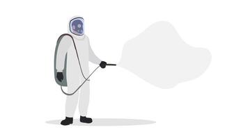 A man in a white protective suit is isolated on a white background. A man in a protective suit sprays an antidote. vector