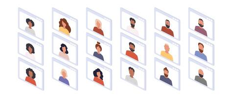 Isometric application window with chat. People at an online conference. Application window with conference. Isolated over white background. Vector illustration.