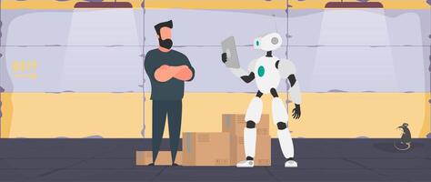 The robot stands with cardboard boxes near the conveyor line. Conveyor system in flat design. . vector