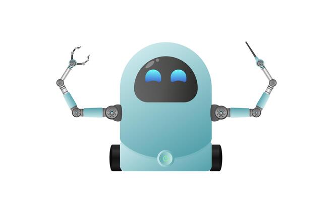 Little cute robot on wheels with claws. Isolated. .