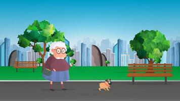 Grandmother walks in the park with a small dog. Flat style vector illustration.