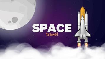 Travel space. Purple banner on the theme of space flight. Space shuttle. Fighter. Rocket Carrier is taking off. Vector.