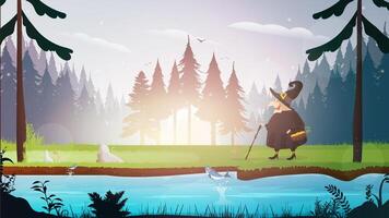 A witch in a black robe walks through the forest. Witch with a hat. Suitable for Halloween-themed designs. Isolated. . vector