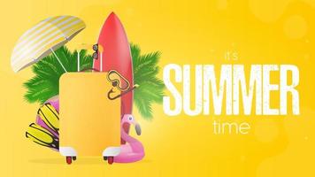 bandera amarilla de horario de verano. tabla de surf roja, maleta amarilla para turismo, aletas, máscara de natación, gafas, palmeras, paraguas, anillos de goma para nadar. vector.