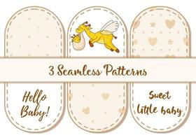 Set of 3 patterns and lettering. A postcard for a newborn. Funny flying giraffe. Hello Baby. Congratulations on the birth of a child. Birth certificate. Hello world. vector