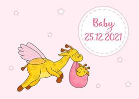 A postcard for a newborn. Funny flying giraffe. Hello Baby. Congratulations on the birth of a child. Birth certificate. Hello world. vector