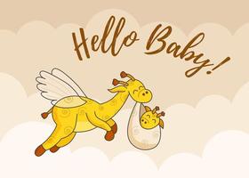 una postal para un recién nacido. jirafa voladora divertida. Hola bebé. felicitaciones por el nacimiento de un niño. certificado de nacimiento. Hola Mundo.