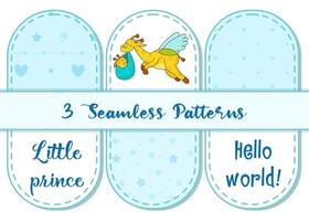 Set of 3 patterns and lettering. A postcard for a newborn. Funny flying giraffe. Hello Baby. Congratulations on the birth of a child. Birth certificate. Hello world. vector