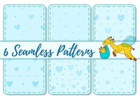 Set of 6 patterns and lettering. A postcard for a newborn. Funny flying giraffe. Hello Baby. Congratulations on the birth of a child. Birth certificate. Hello world. vector