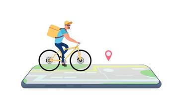 ciclista con mochila amarilla en bicicleta. mapa con una marca. teléfono inteligente concepto de entrega de pedidos. aislado. vector. vector