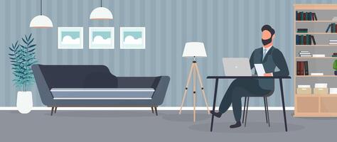 A guy with glasses sits at a table in his office. A man works on a laptop. Office, sofa, bookshelf, business man, floor lamp. Office work concept. . vector