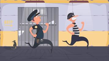 un preso se escapa de la prisión. escapar del criminal. el policía corre tras el criminal. estilo de dibujos animados vector. vector