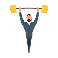 Businessman raises the barbell with gold coins. A man in a suit with a barbell. The concept of a successful business and revenue growth. Isolated. Vector. vector