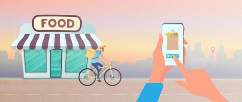 Order food at home. The guy is lucky to order food on a bicycle. Hand holds smartphone. Home delivery, delivery concept. . vector